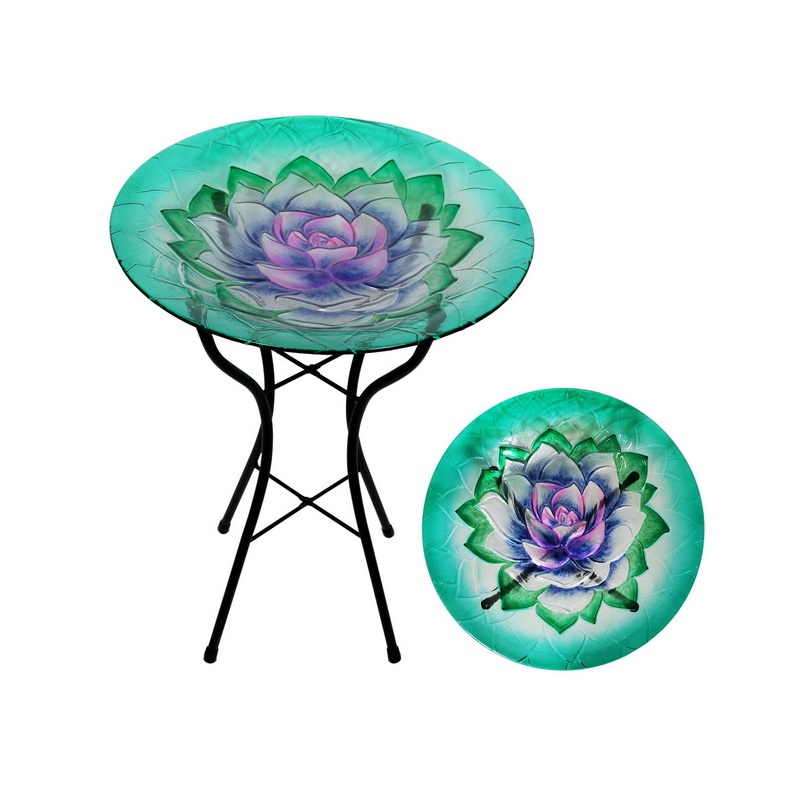 Glass Bird Bath with Lotus Flower Design