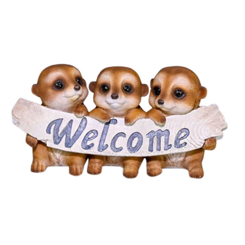 Triple Meerkats Holding Welcome Log