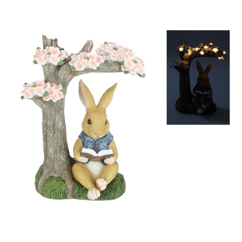 Rabbit Reading Book Under Tree w/Solar Lights