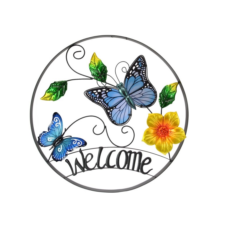Round Butterfly Welcome Glass/Metal Wall Art