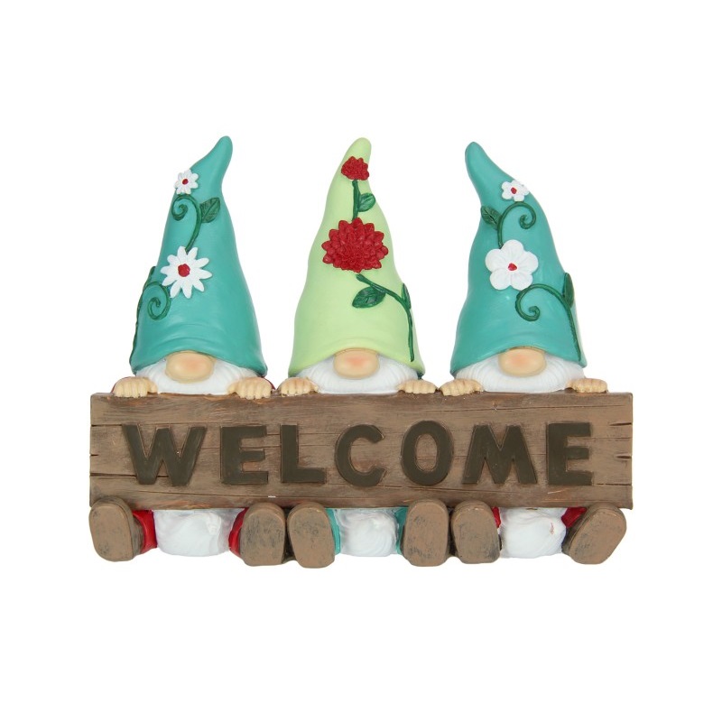 Triplet Gnomes Holding Welcome Sign