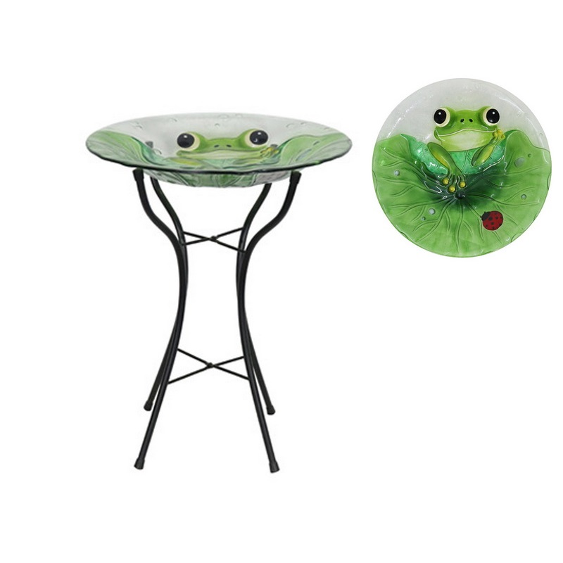 Glass Bird Bath W/Frog Design