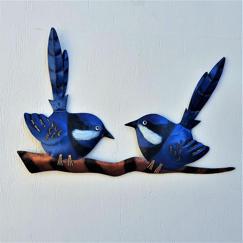 Metal Blue Wrens On A Branch Wall Art Medium