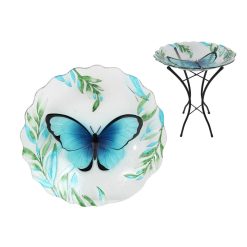 Glass Bird Bath with Blue Butterfly Design