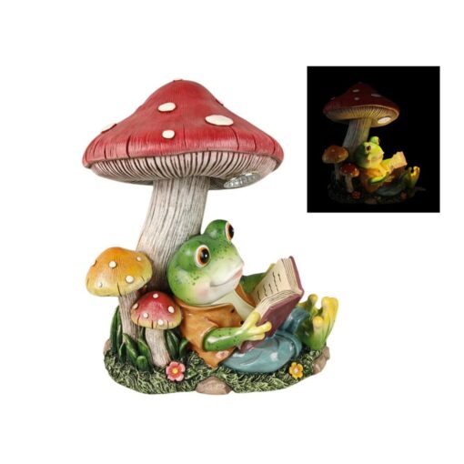 Frog Reading Under Mushroom w/Solar Light