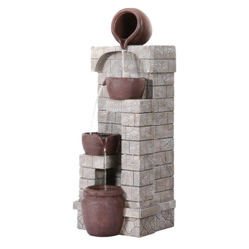 Four Brown Pots on Brick Pillar Solar Water Feature