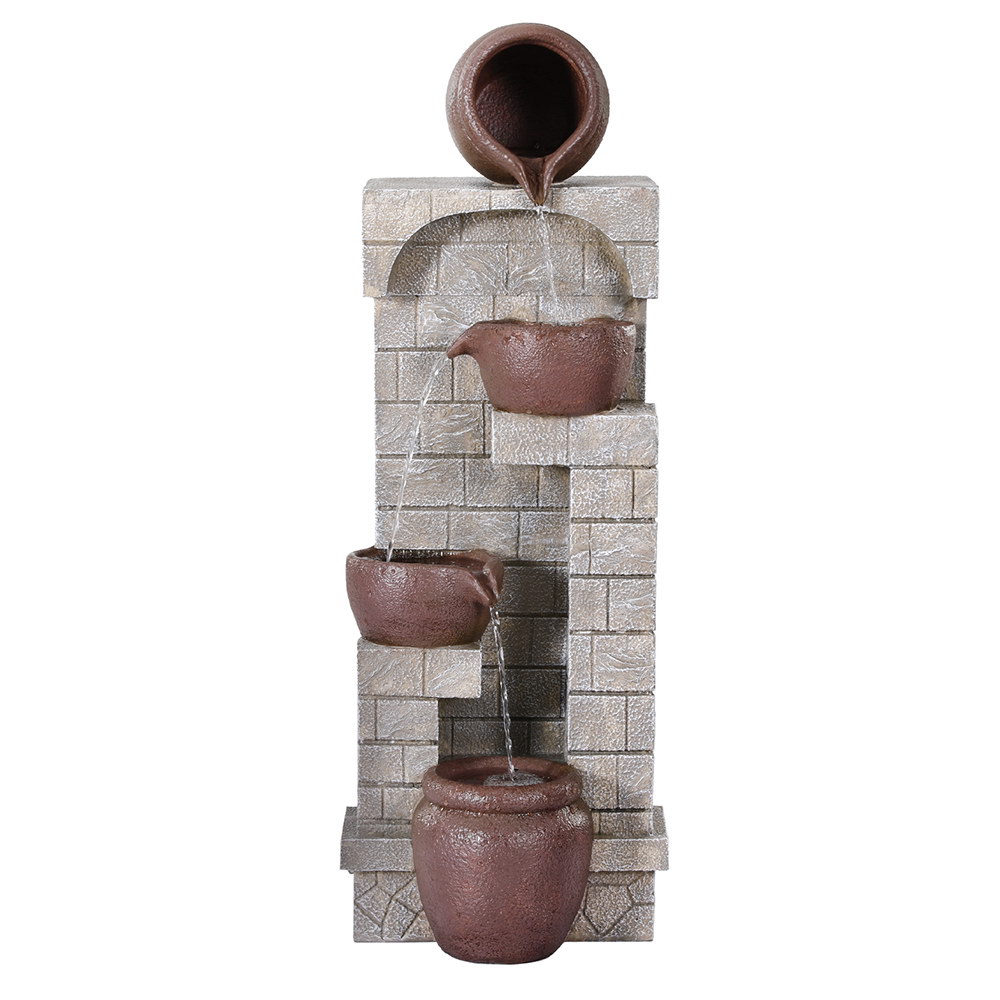Four Brown Pots on Brick Pillar Solar Water Feature