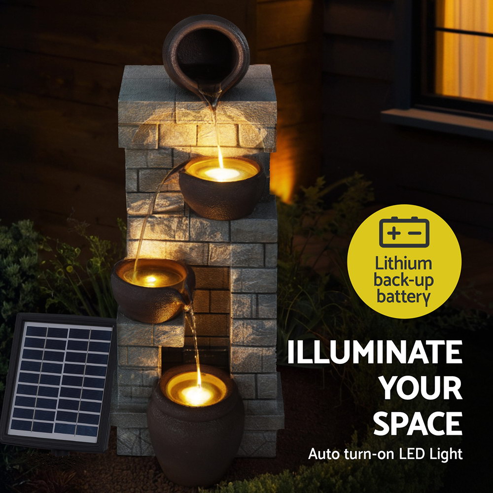 Four Brown Pots on Brick Pillar Solar Water Feature